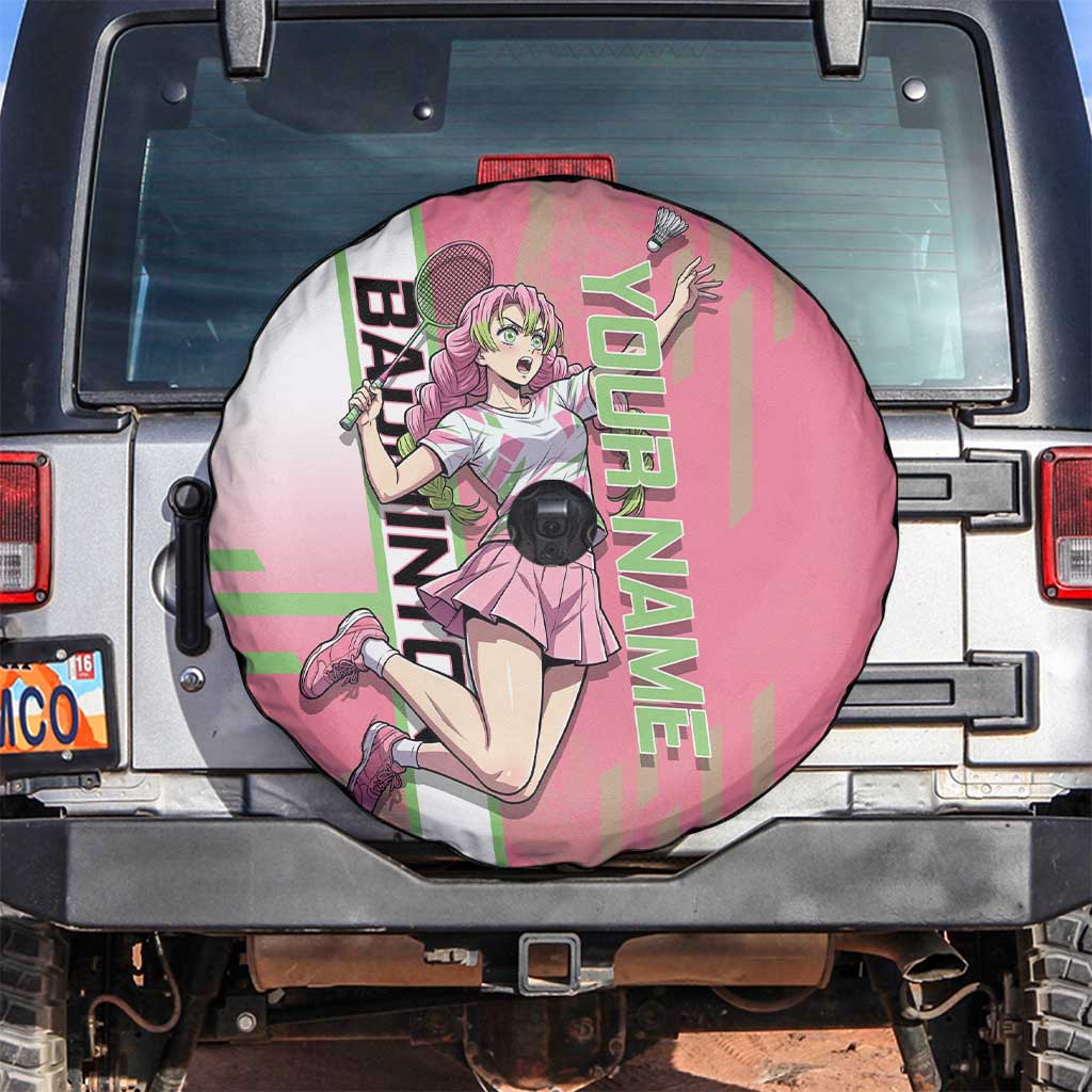 Personalized Mitsuri Kanroji Demon Slayer Badminton Spare Tire Cover with Racket Action Pose and Pink Green Graphic Design - The Mazicc