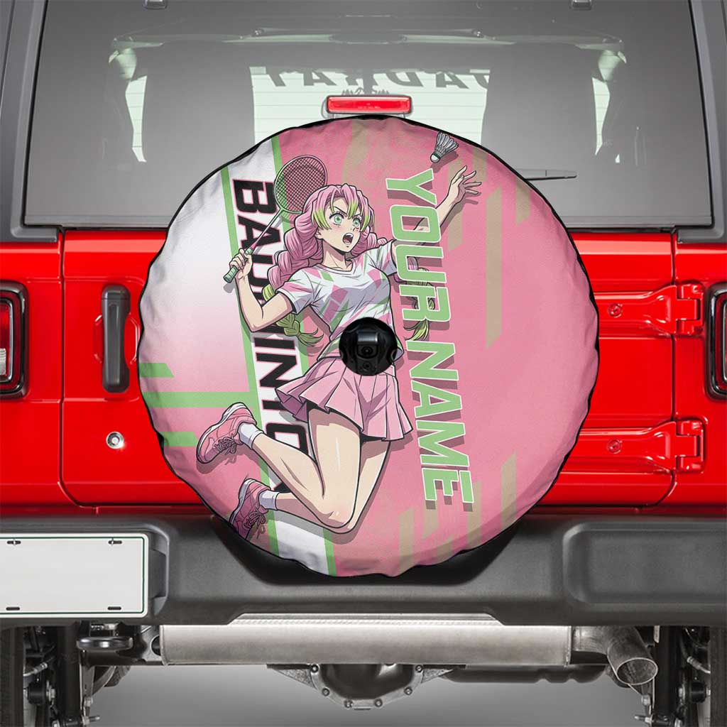 Personalized Mitsuri Kanroji Demon Slayer Badminton Spare Tire Cover with Racket Action Pose and Pink Green Graphic Design - The Mazicc