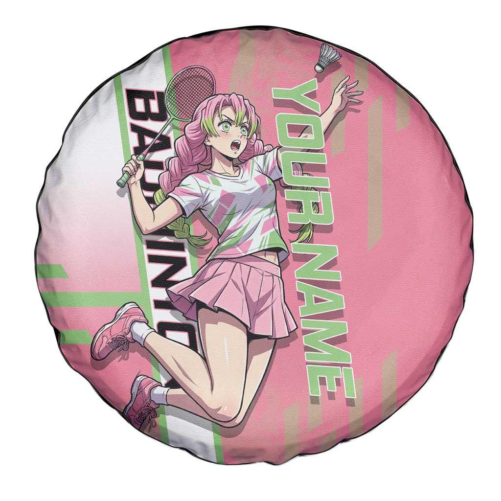Personalized Mitsuri Kanroji Demon Slayer Badminton Spare Tire Cover with Racket Action Pose and Pink Green Graphic Design - The Mazicc