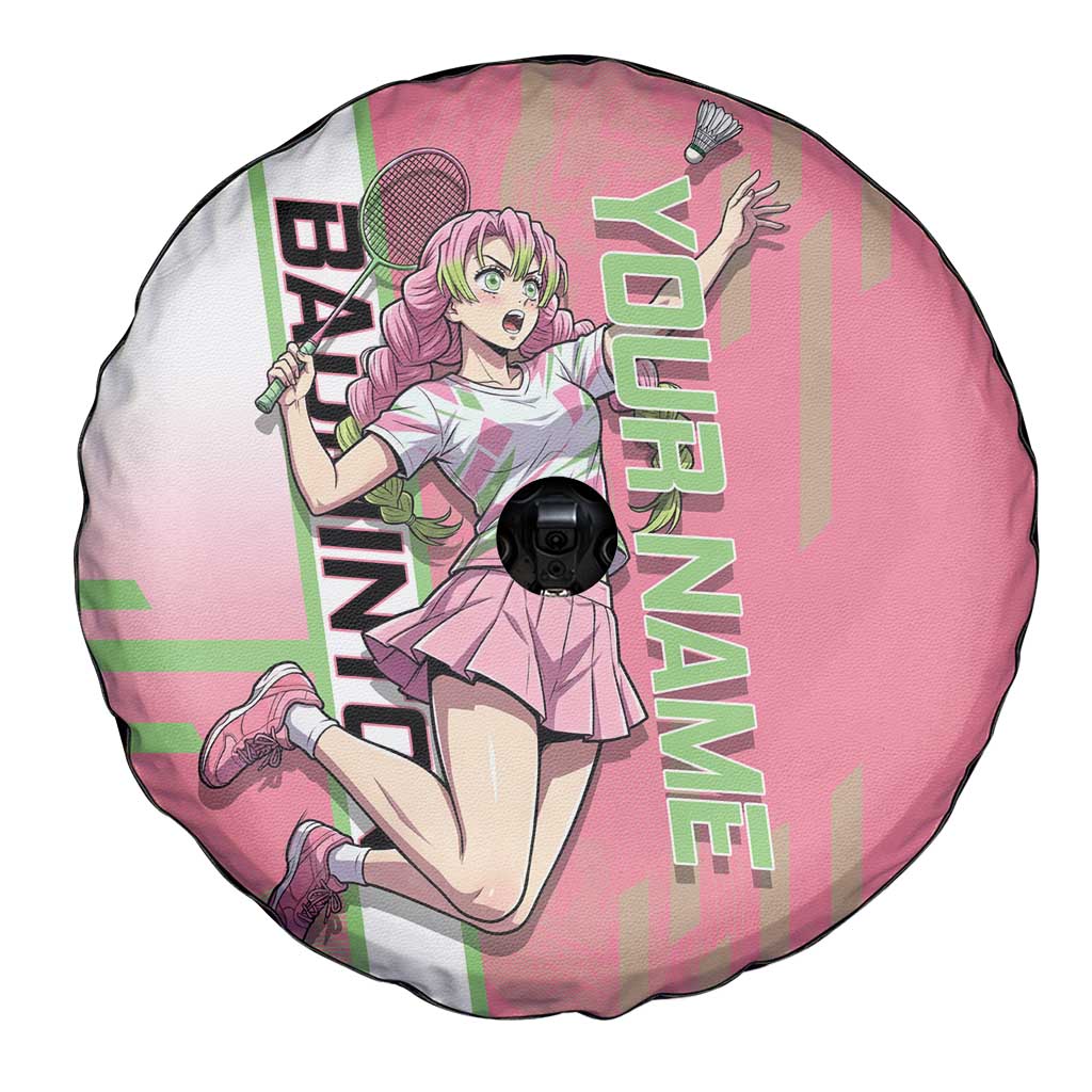 Personalized Mitsuri Kanroji Demon Slayer Badminton Spare Tire Cover with Racket Action Pose and Pink Green Graphic Design - The Mazicc