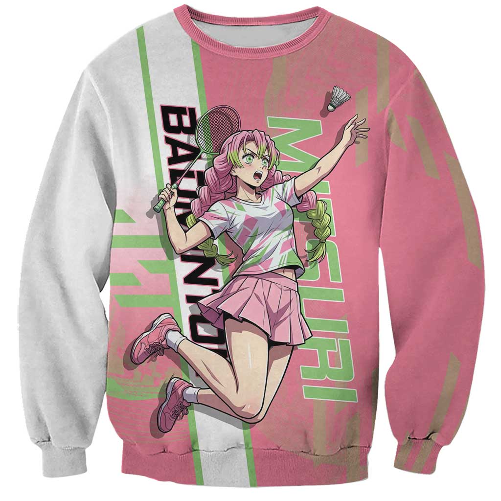Personalized Mitsuri Kanroji Demon Slayer Badminton Sweatshirt with Racket Action Pose and Pink Green Graphic Design - The Mazicc