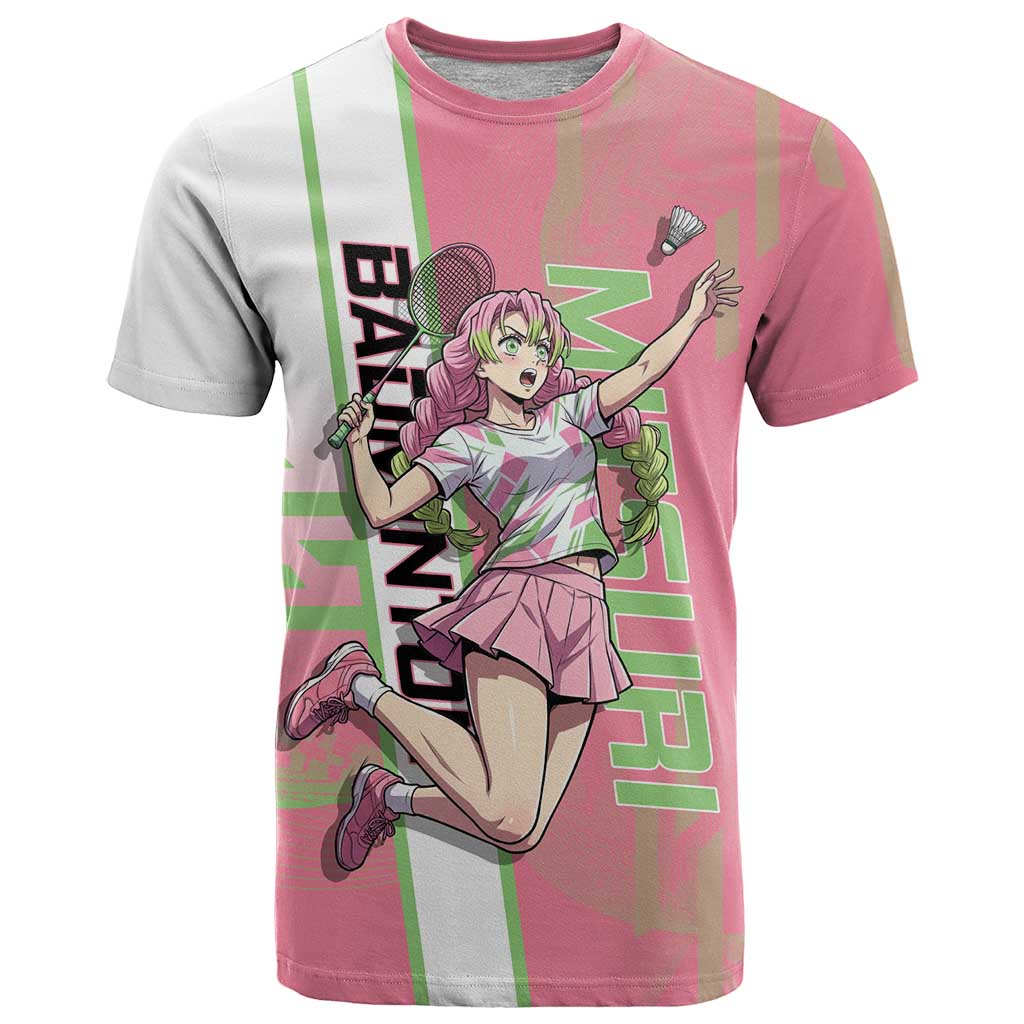 Personalized Mitsuri Kanroji Demon Slayer Badminton T Shirt with Racket Action Pose and Pink Green Graphic Design - The Mazicc
