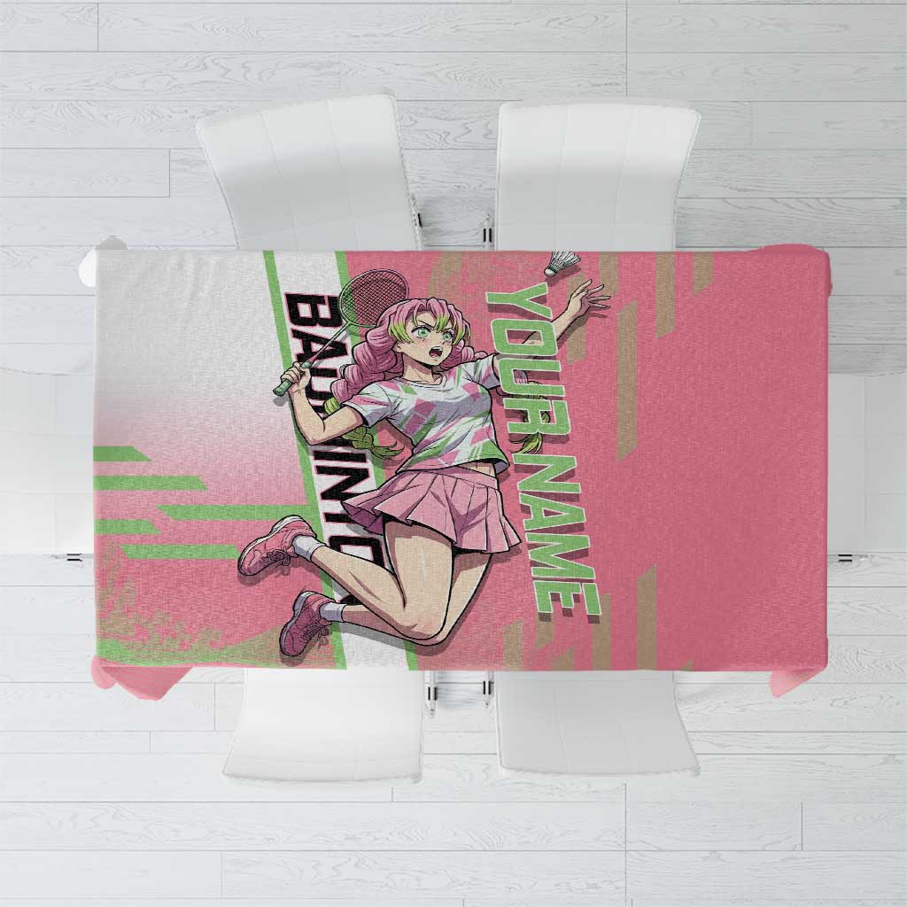 Personalized Mitsuri Kanroji Demon Slayer Badminton Tablecloth with Racket Action Pose and Pink Green Graphic Design - The Mazicc