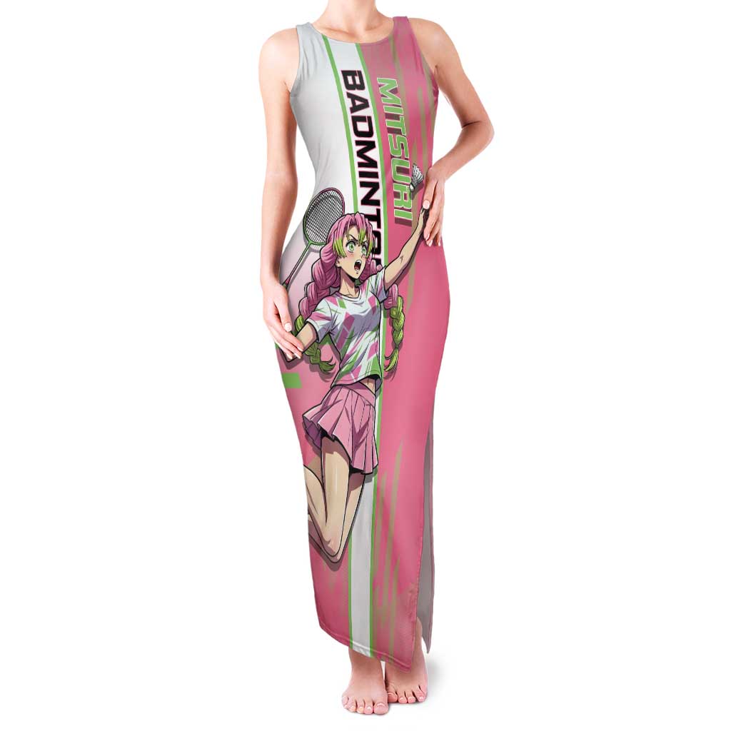 Personalized Mitsuri Kanroji Demon Slayer Badminton Tank Maxi Dress with Racket Action Pose and Pink Green Graphic Design - The Mazicc