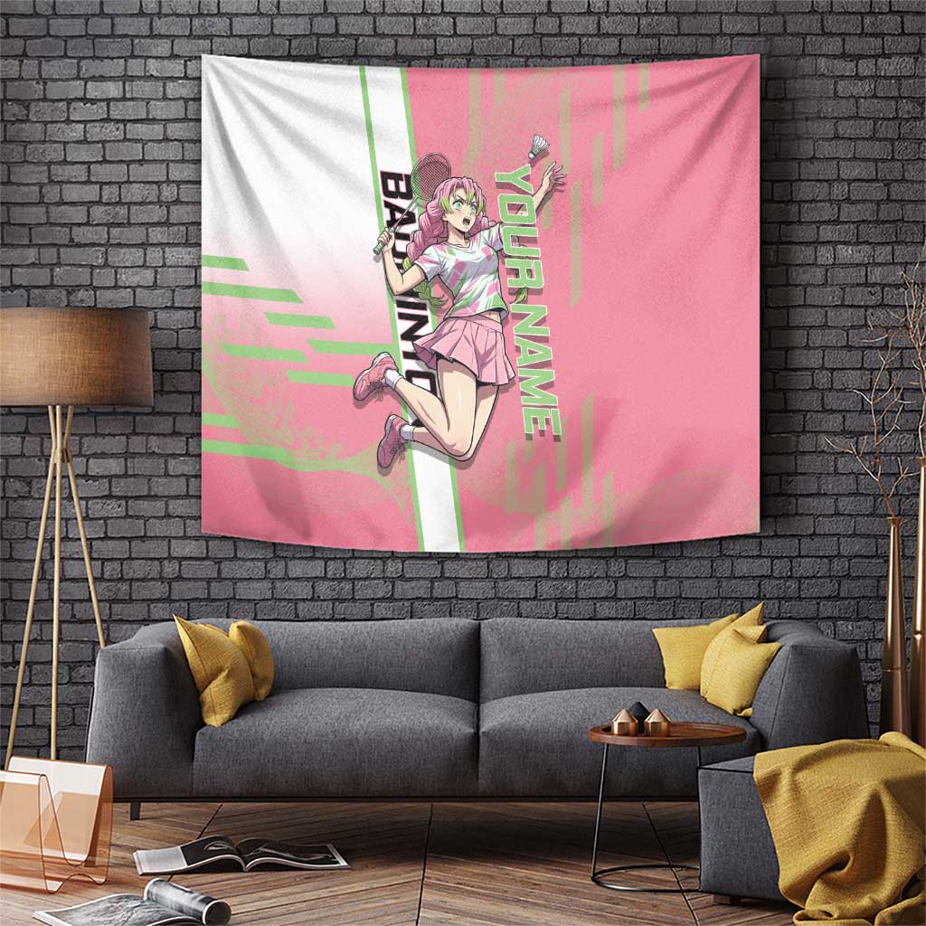 Personalized Mitsuri Kanroji Demon Slayer Badminton Tapestry with Racket Action Pose and Pink Green Graphic Design - The Mazicc