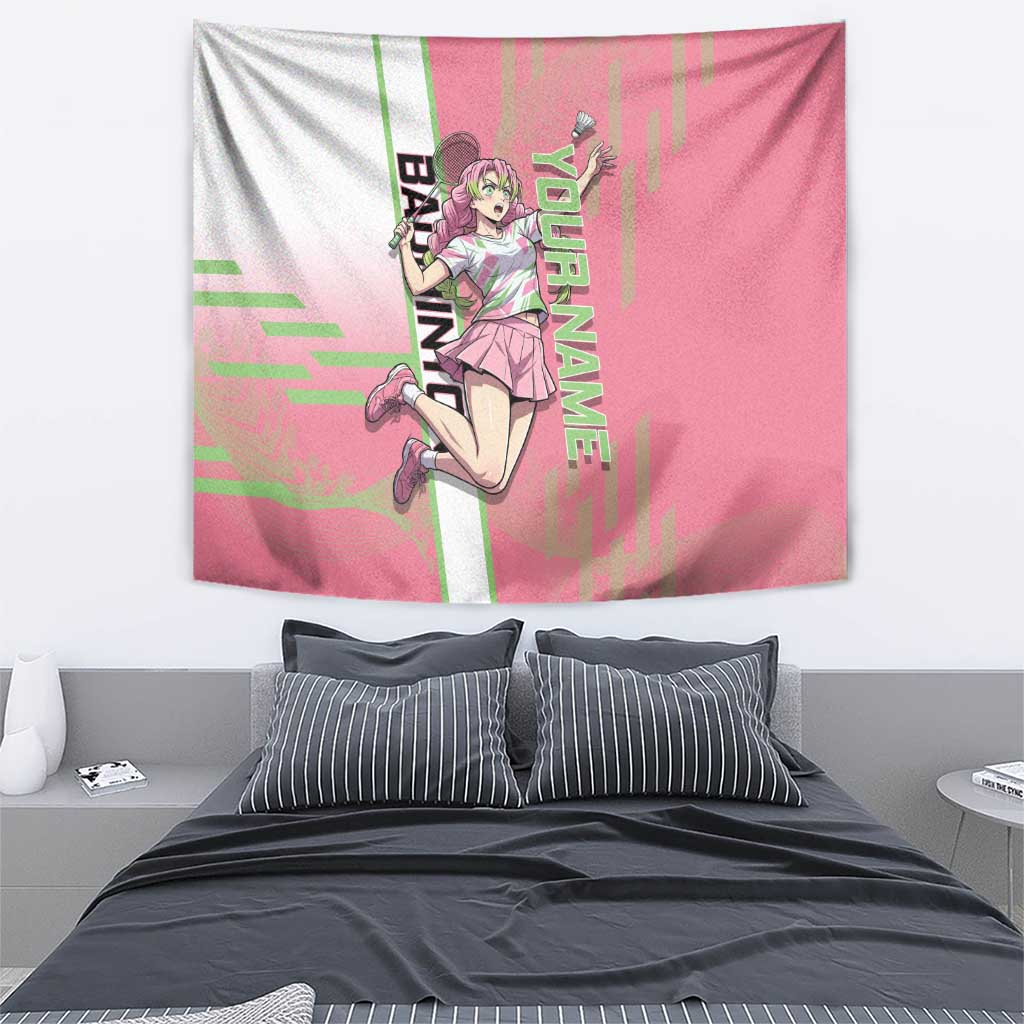 Personalized Mitsuri Kanroji Demon Slayer Badminton Tapestry with Racket Action Pose and Pink Green Graphic Design - The Mazicc