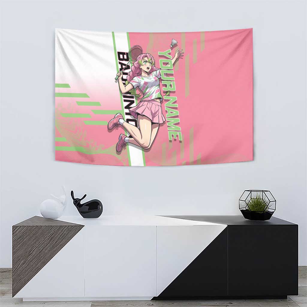 Personalized Mitsuri Kanroji Demon Slayer Badminton Tapestry with Racket Action Pose and Pink Green Graphic Design - The Mazicc
