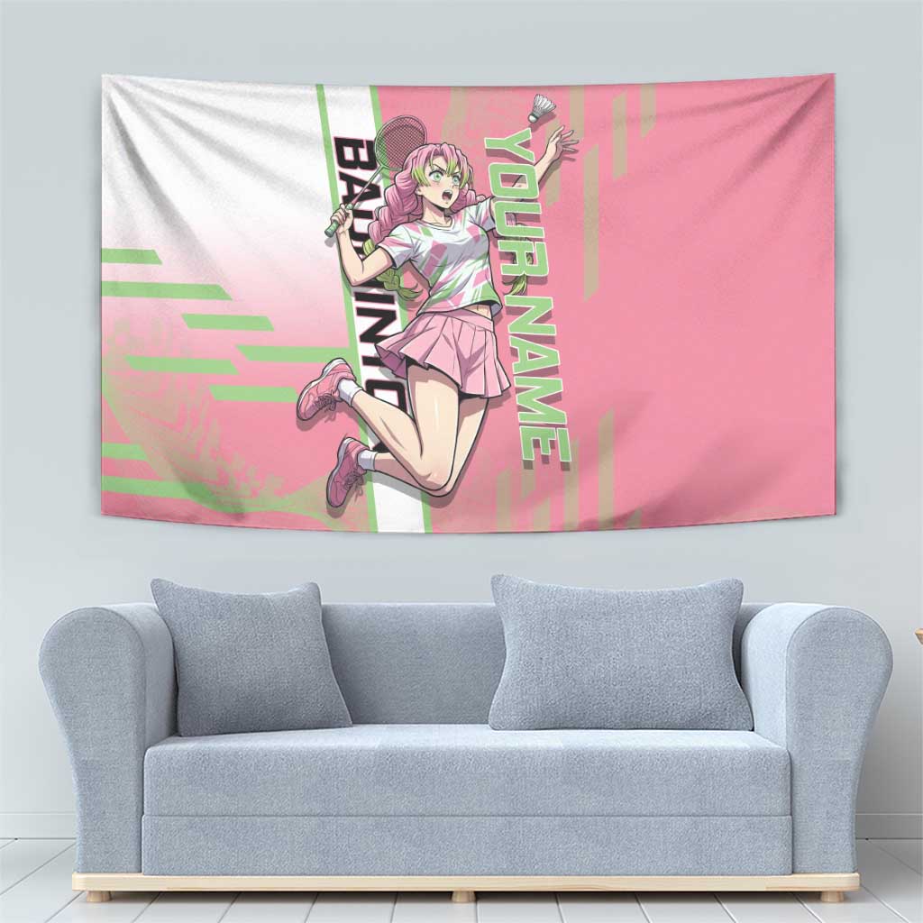 Personalized Mitsuri Kanroji Demon Slayer Badminton Tapestry with Racket Action Pose and Pink Green Graphic Design - The Mazicc