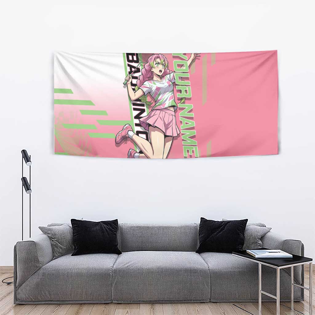 Personalized Mitsuri Kanroji Demon Slayer Badminton Tapestry with Racket Action Pose and Pink Green Graphic Design - The Mazicc