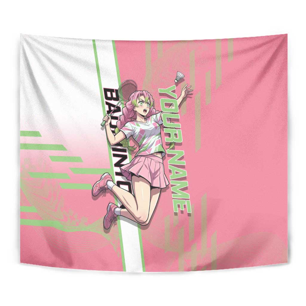 Personalized Mitsuri Kanroji Demon Slayer Badminton Tapestry with Racket Action Pose and Pink Green Graphic Design - The Mazicc