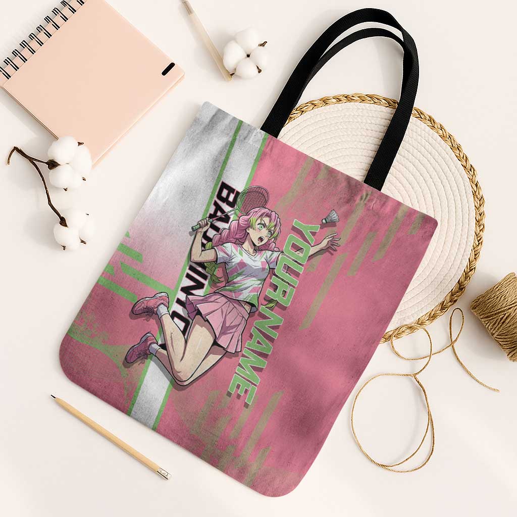Personalized Mitsuri Kanroji Demon Slayer Badminton Tote Bag with Racket Action Pose and Pink Green Graphic Design - The Mazicc