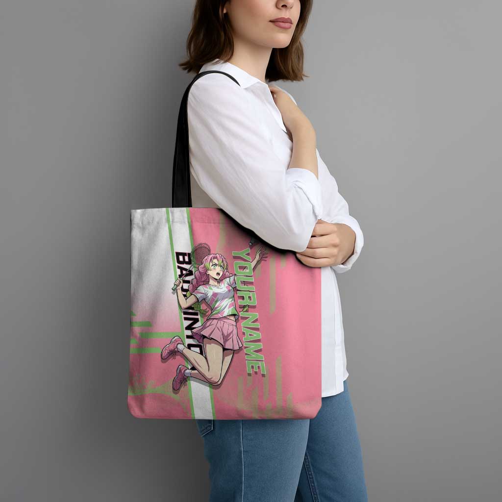 Personalized Mitsuri Kanroji Demon Slayer Badminton Tote Bag with Racket Action Pose and Pink Green Graphic Design - The Mazicc