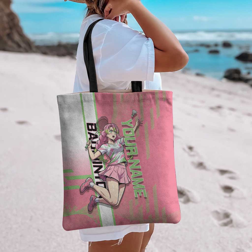 Personalized Mitsuri Kanroji Demon Slayer Badminton Tote Bag with Racket Action Pose and Pink Green Graphic Design - The Mazicc