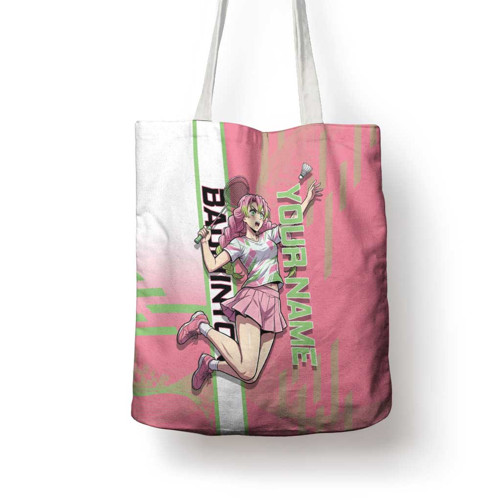 Personalized Mitsuri Kanroji Demon Slayer Badminton Tote Bag with Racket Action Pose and Pink Green Graphic Design - The Mazicc