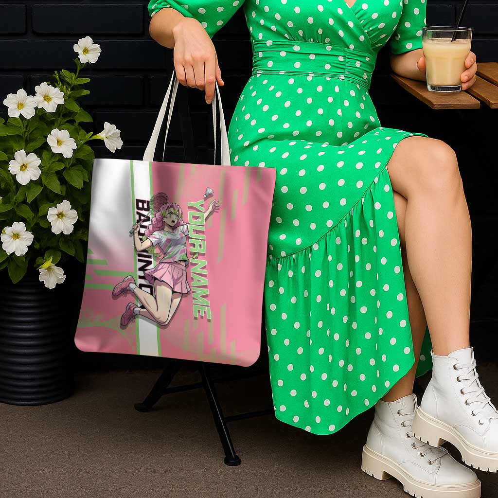Personalized Mitsuri Kanroji Demon Slayer Badminton Tote Bag with Racket Action Pose and Pink Green Graphic Design - The Mazicc