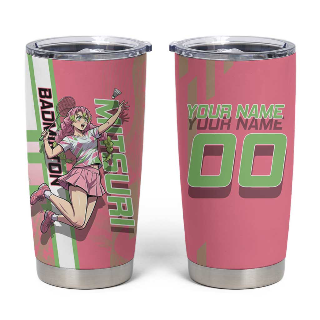 Personalized Mitsuri Kanroji Demon Slayer Badminton Tumbler Cup with Racket Action Pose and Pink Green Graphic Design - The Mazicc