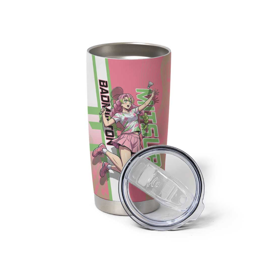 Personalized Mitsuri Kanroji Demon Slayer Badminton Tumbler Cup with Racket Action Pose and Pink Green Graphic Design - The Mazicc