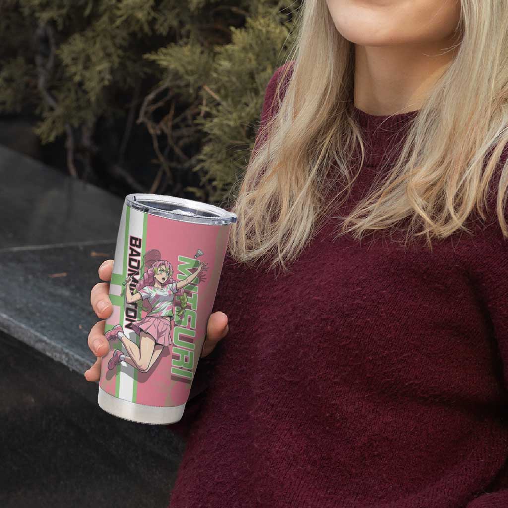 Personalized Mitsuri Kanroji Demon Slayer Badminton Tumbler Cup with Racket Action Pose and Pink Green Graphic Design - The Mazicc