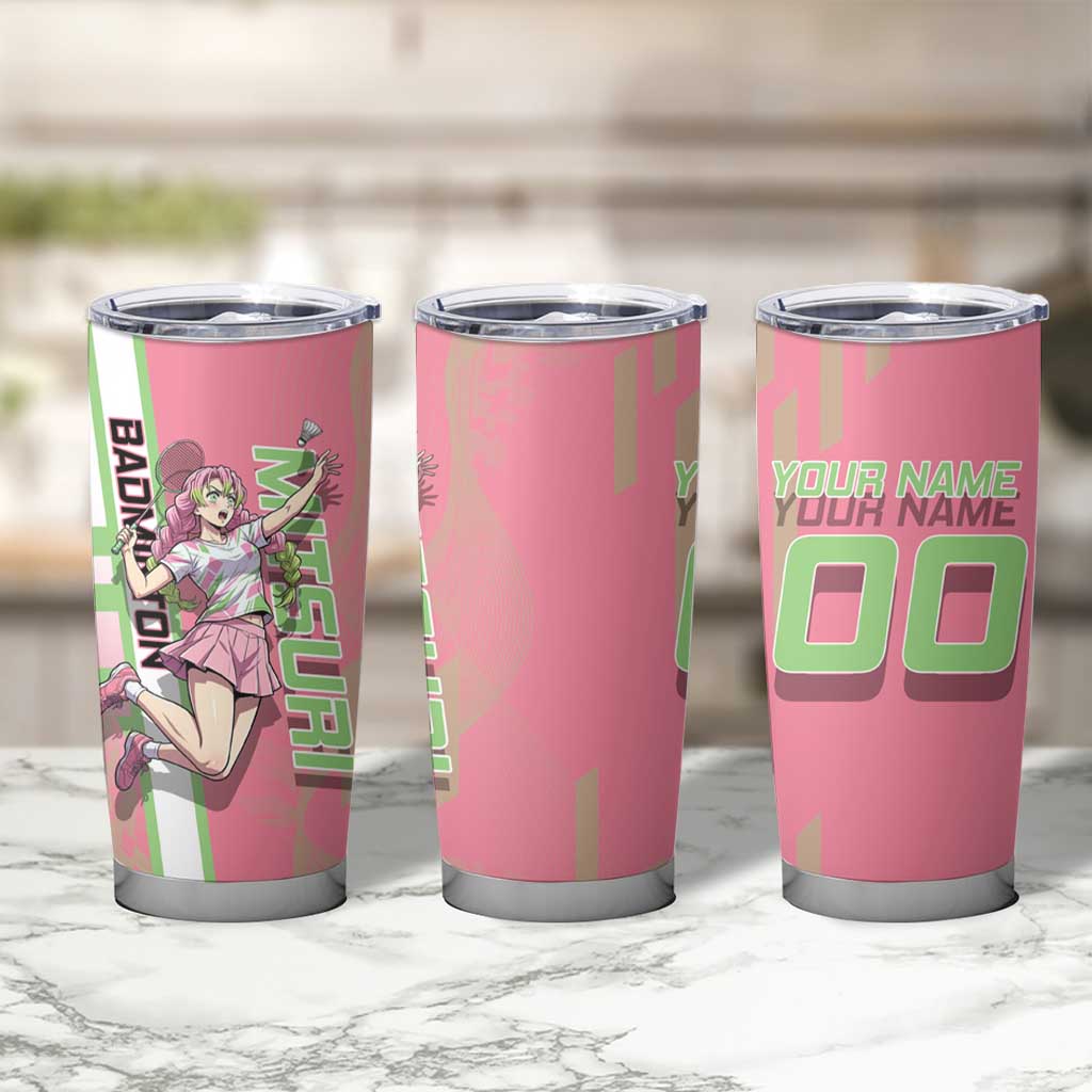 Personalized Mitsuri Kanroji Demon Slayer Badminton Tumbler Cup with Racket Action Pose and Pink Green Graphic Design - The Mazicc