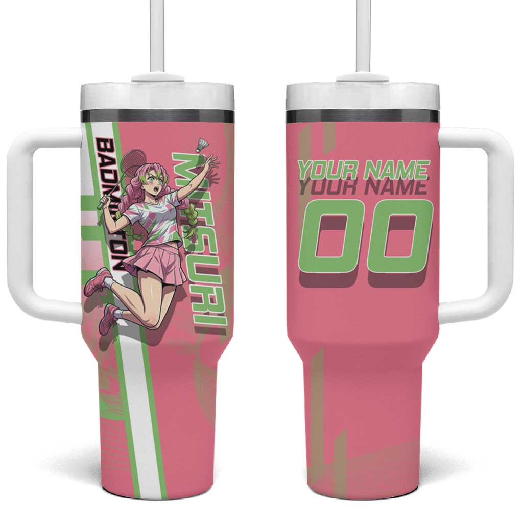 Personalized Mitsuri Kanroji Demon Slayer Badminton Tumbler With Handle with Racket Action Pose and Pink Green Graphic Design - The Mazicc