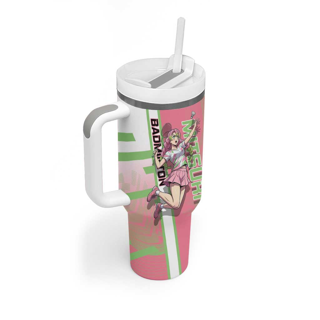 Personalized Mitsuri Kanroji Demon Slayer Badminton Tumbler With Handle with Racket Action Pose and Pink Green Graphic Design - The Mazicc
