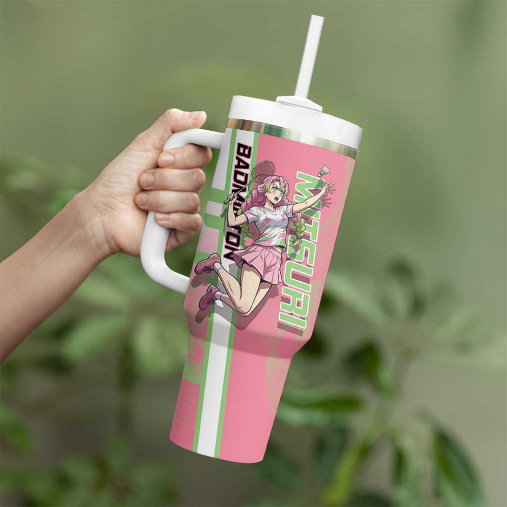 Personalized Mitsuri Kanroji Demon Slayer Badminton Tumbler With Handle with Racket Action Pose and Pink Green Graphic Design - The Mazicc
