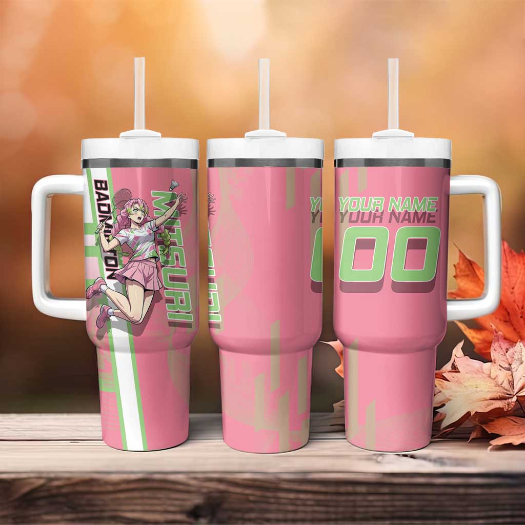 Personalized Mitsuri Kanroji Demon Slayer Badminton Tumbler With Handle with Racket Action Pose and Pink Green Graphic Design - The Mazicc