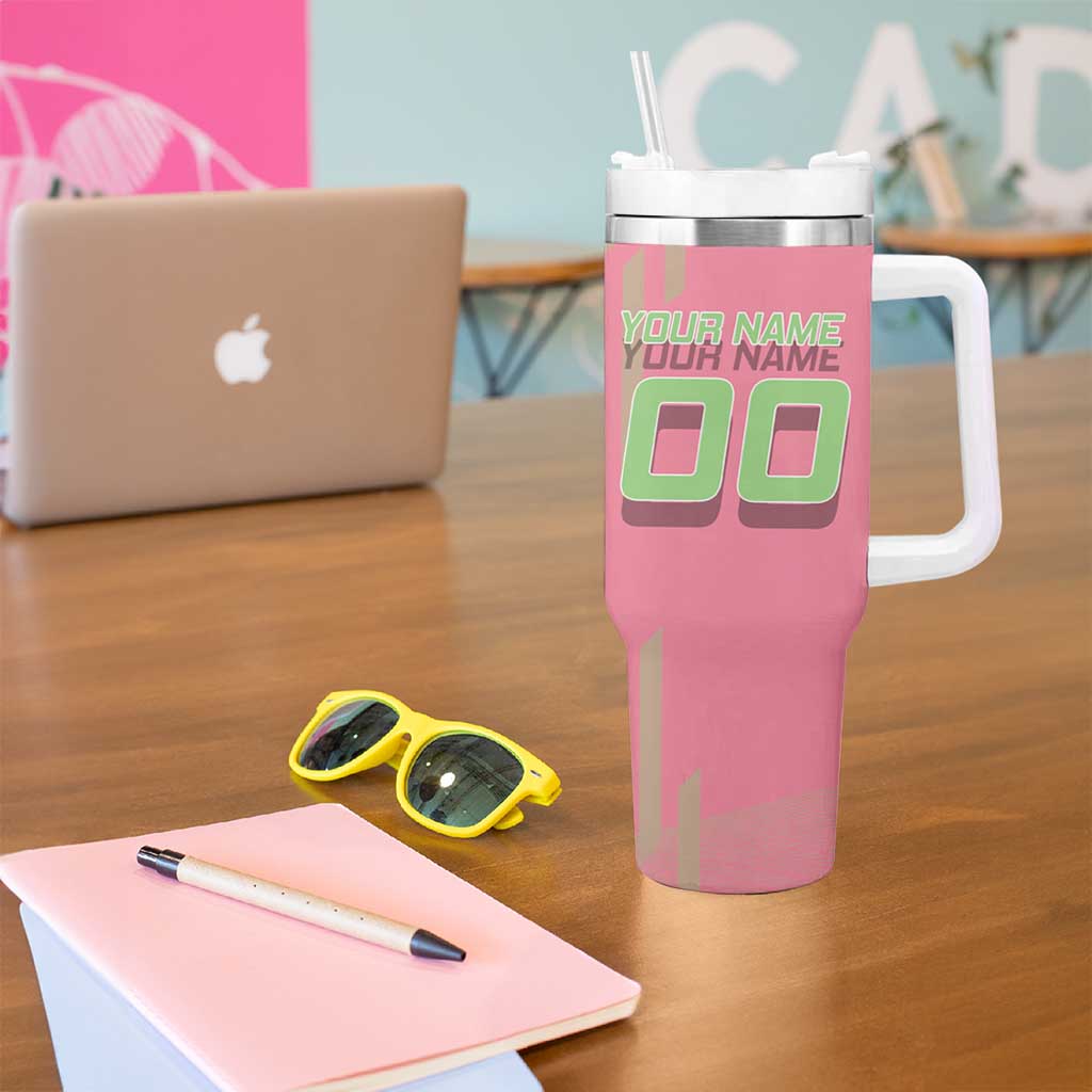 Personalized Mitsuri Kanroji Demon Slayer Badminton Tumbler With Handle with Racket Action Pose and Pink Green Graphic Design - The Mazicc