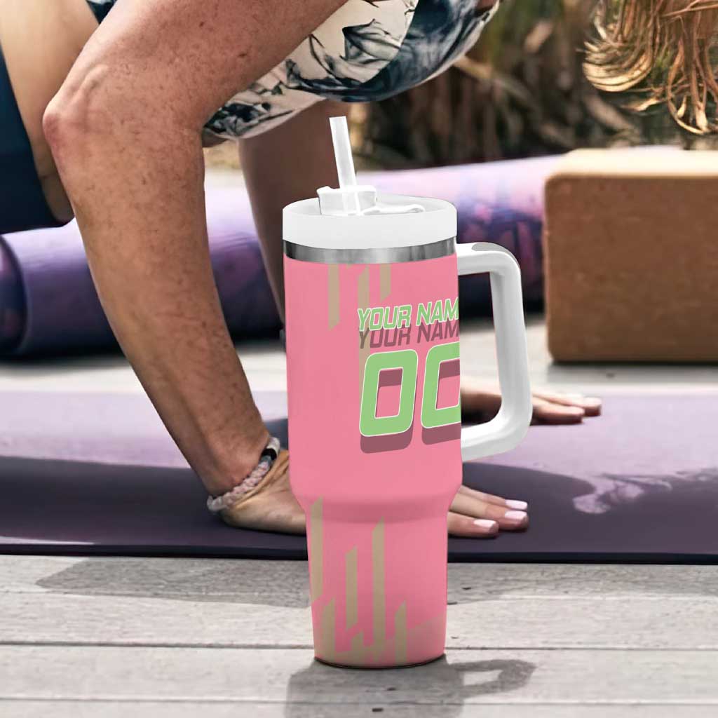Personalized Mitsuri Kanroji Demon Slayer Badminton Tumbler With Handle with Racket Action Pose and Pink Green Graphic Design - The Mazicc