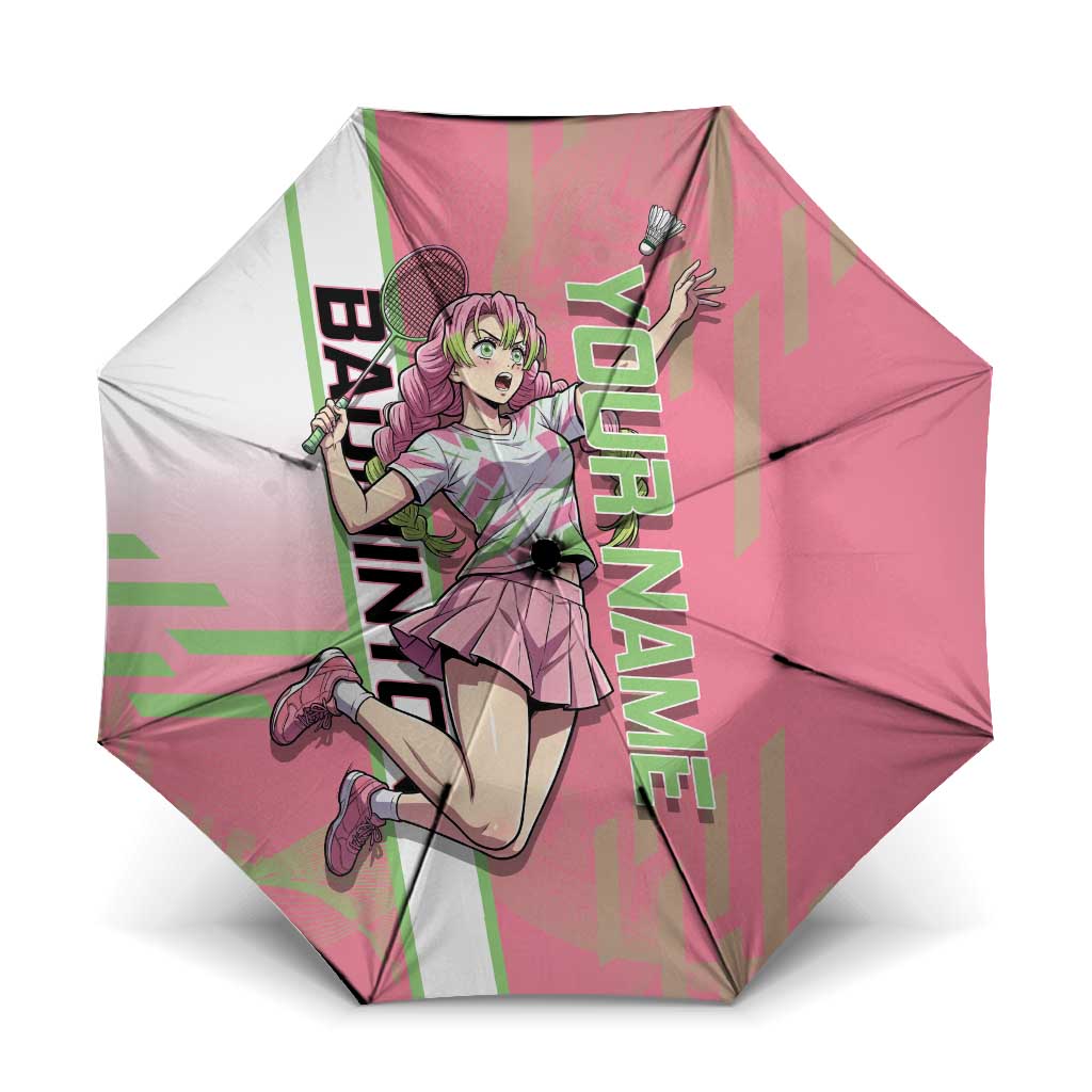 Personalized Mitsuri Kanroji Demon Slayer Badminton Umbrella with Racket Action Pose and Pink Green Graphic Design - The Mazicc