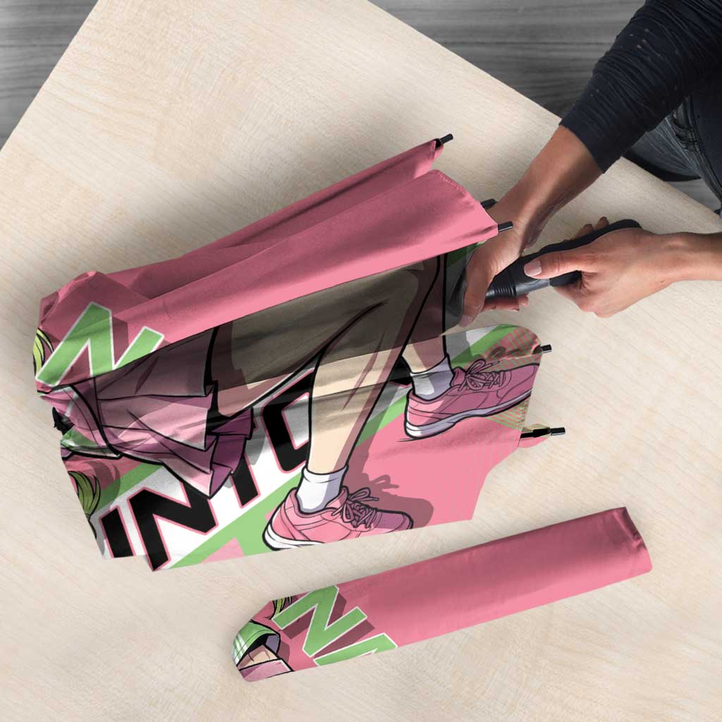 Personalized Mitsuri Kanroji Demon Slayer Badminton Umbrella with Racket Action Pose and Pink Green Graphic Design - The Mazicc