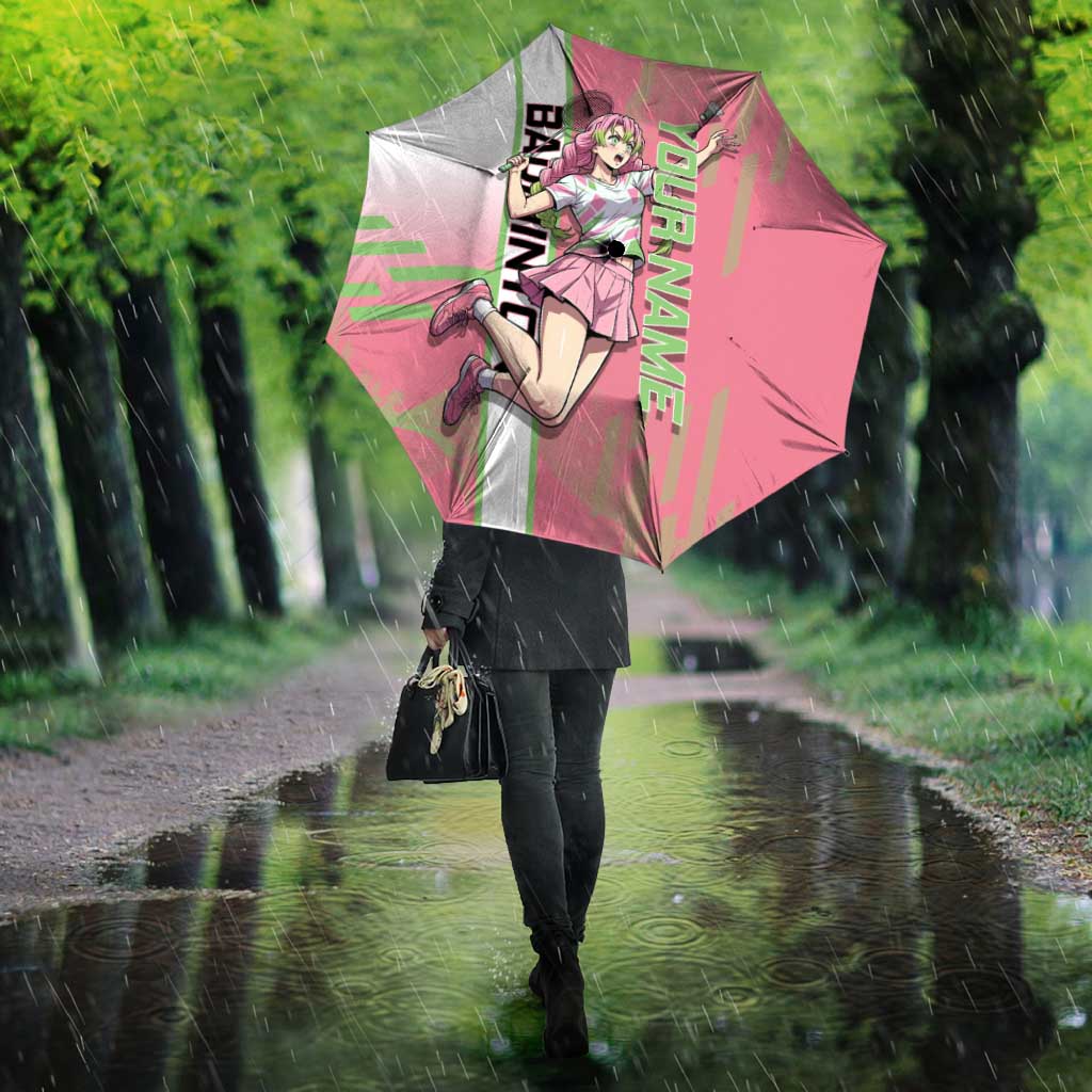 Personalized Mitsuri Kanroji Demon Slayer Badminton Umbrella with Racket Action Pose and Pink Green Graphic Design - The Mazicc