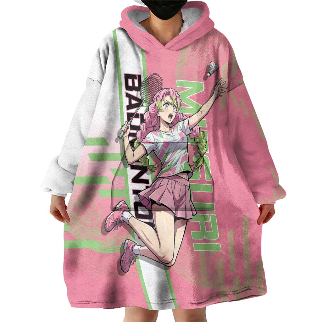 Personalized Mitsuri Kanroji Demon Slayer Badminton Wearable Blanket Hoodie with Racket Action Pose and Pink Green Graphic Design - The Mazicc