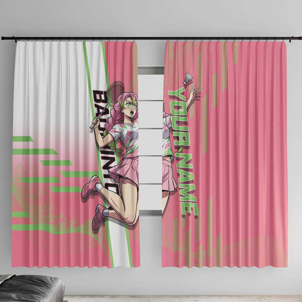 Personalized Mitsuri Kanroji Demon Slayer Badminton Window Curtain with Racket Action Pose and Pink Green Graphic Design - The Mazicc