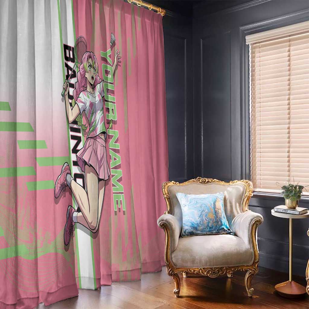 Personalized Mitsuri Kanroji Demon Slayer Badminton Window Curtain with Racket Action Pose and Pink Green Graphic Design - The Mazicc
