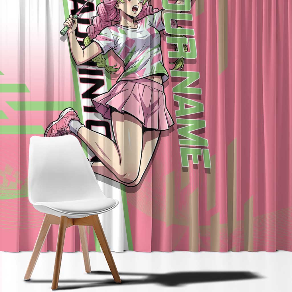 Personalized Mitsuri Kanroji Demon Slayer Badminton Window Curtain with Racket Action Pose and Pink Green Graphic Design - The Mazicc
