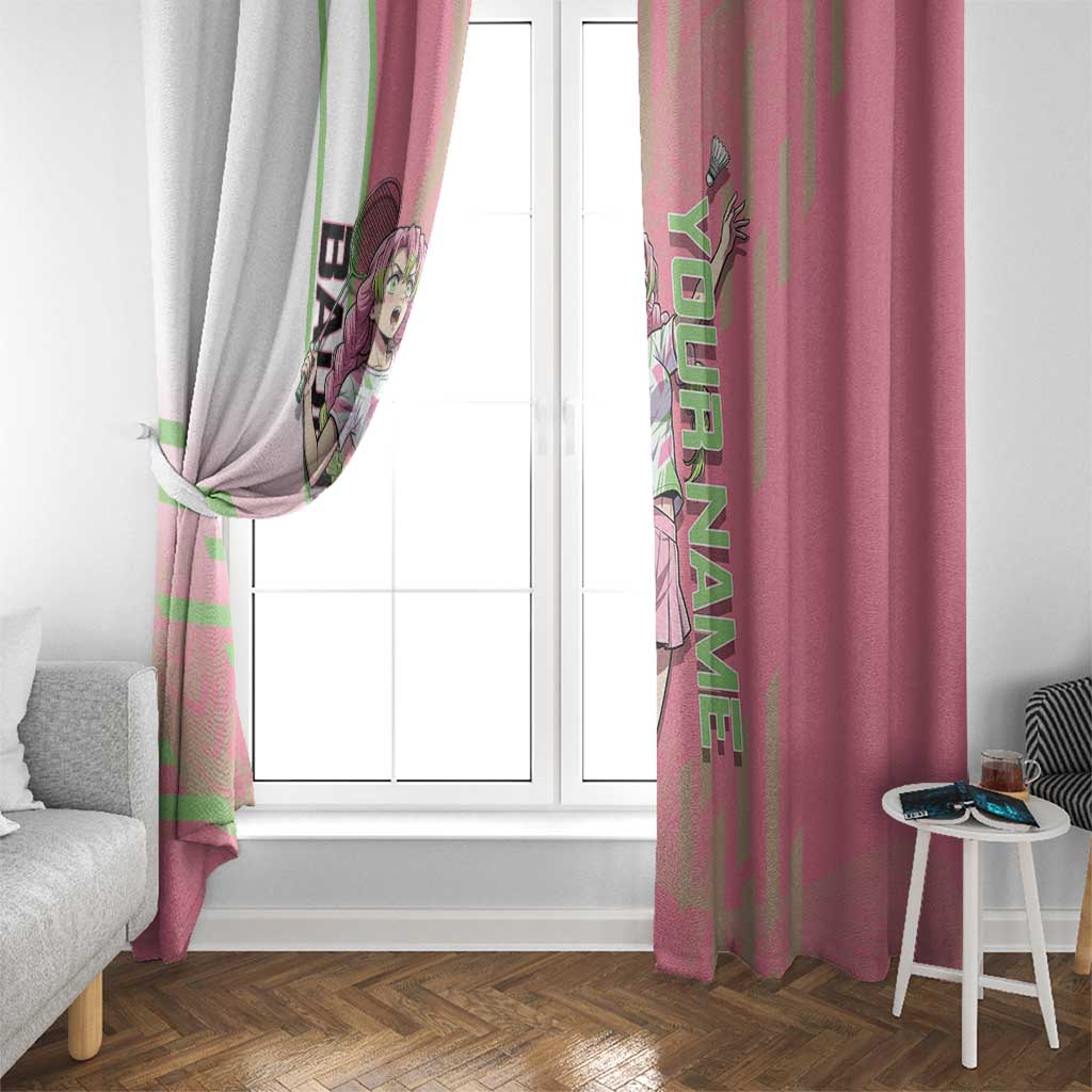 Personalized Mitsuri Kanroji Demon Slayer Badminton Window Curtain with Racket Action Pose and Pink Green Graphic Design - The Mazicc