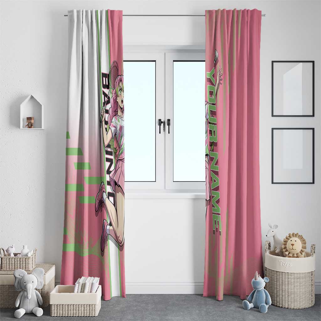 Personalized Mitsuri Kanroji Demon Slayer Badminton Window Curtain with Racket Action Pose and Pink Green Graphic Design - The Mazicc