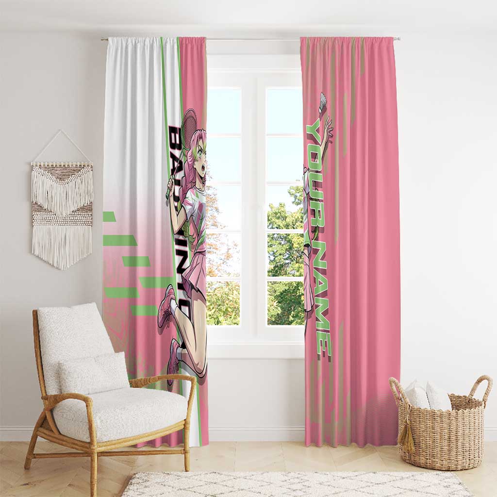 Personalized Mitsuri Kanroji Demon Slayer Badminton Window Curtain with Racket Action Pose and Pink Green Graphic Design - The Mazicc