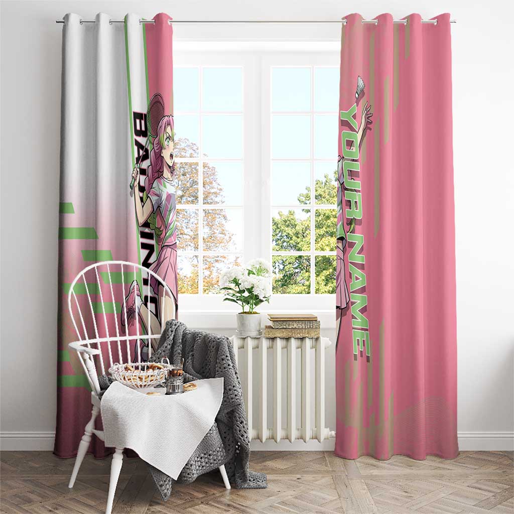 Personalized Mitsuri Kanroji Demon Slayer Badminton Window Curtain with Racket Action Pose and Pink Green Graphic Design - The Mazicc