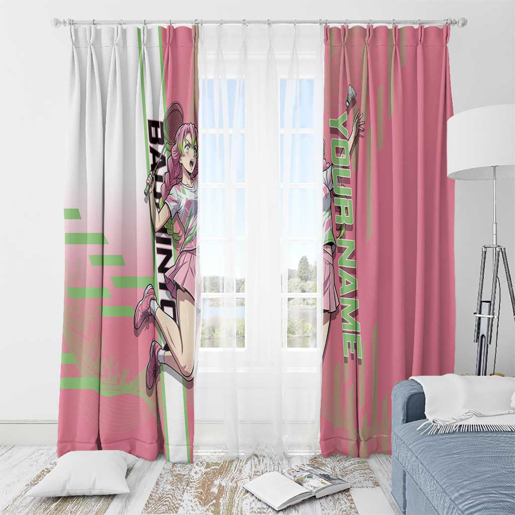 Personalized Mitsuri Kanroji Demon Slayer Badminton Window Curtain with Racket Action Pose and Pink Green Graphic Design - The Mazicc
