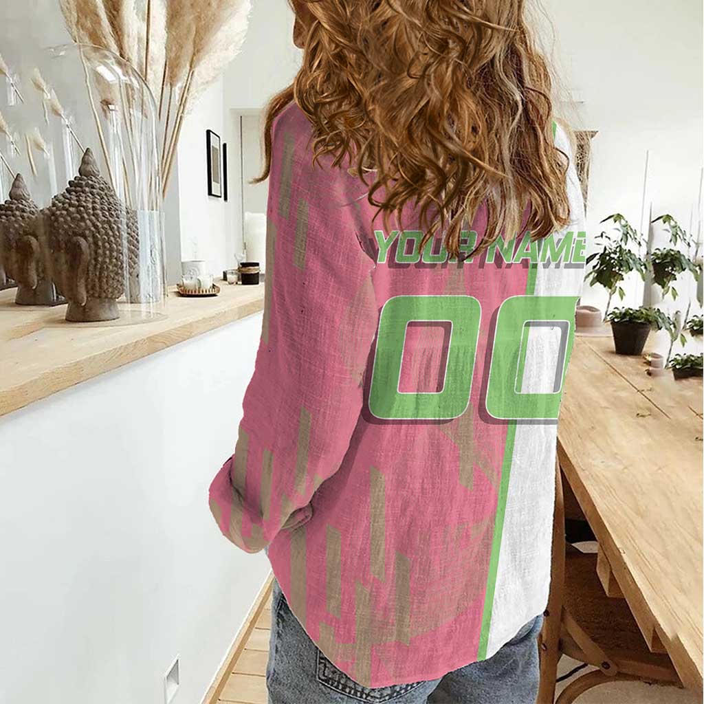 Personalized Mitsuri Kanroji Demon Slayer Badminton Women Casual Shirt with Racket Action Pose and Pink Green Graphic Design - The Mazicc