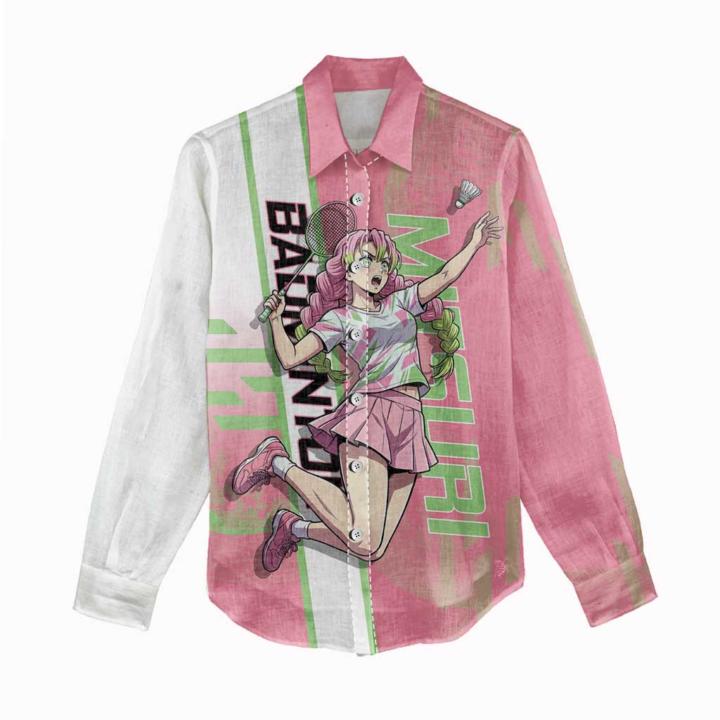 Personalized Mitsuri Kanroji Demon Slayer Badminton Women Casual Shirt with Racket Action Pose and Pink Green Graphic Design - The Mazicc