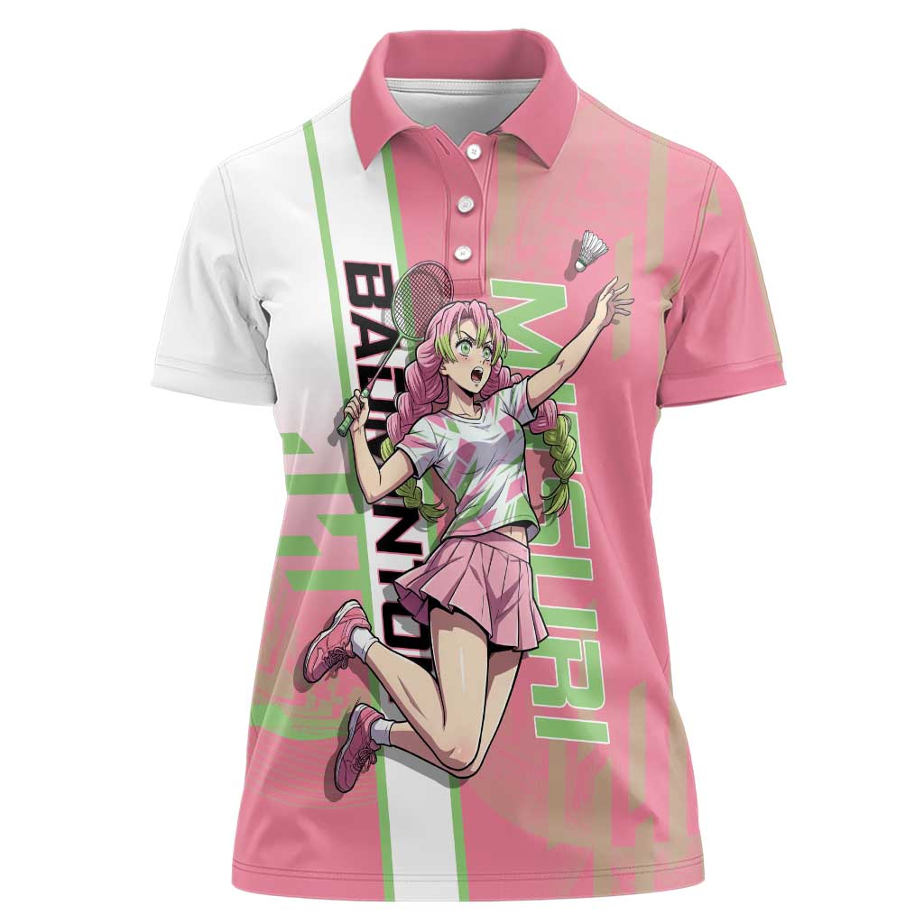 Personalized Mitsuri Kanroji Demon Slayer Badminton Women Polo Shirt with Racket Action Pose and Pink Green Graphic Design - The Mazicc