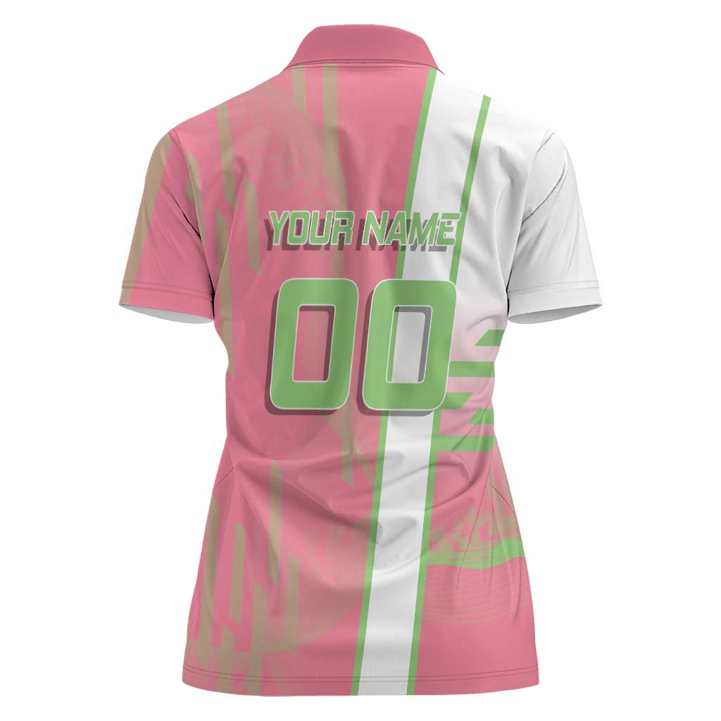 Personalized Mitsuri Kanroji Demon Slayer Badminton Women Polo Shirt with Racket Action Pose and Pink Green Graphic Design - The Mazicc