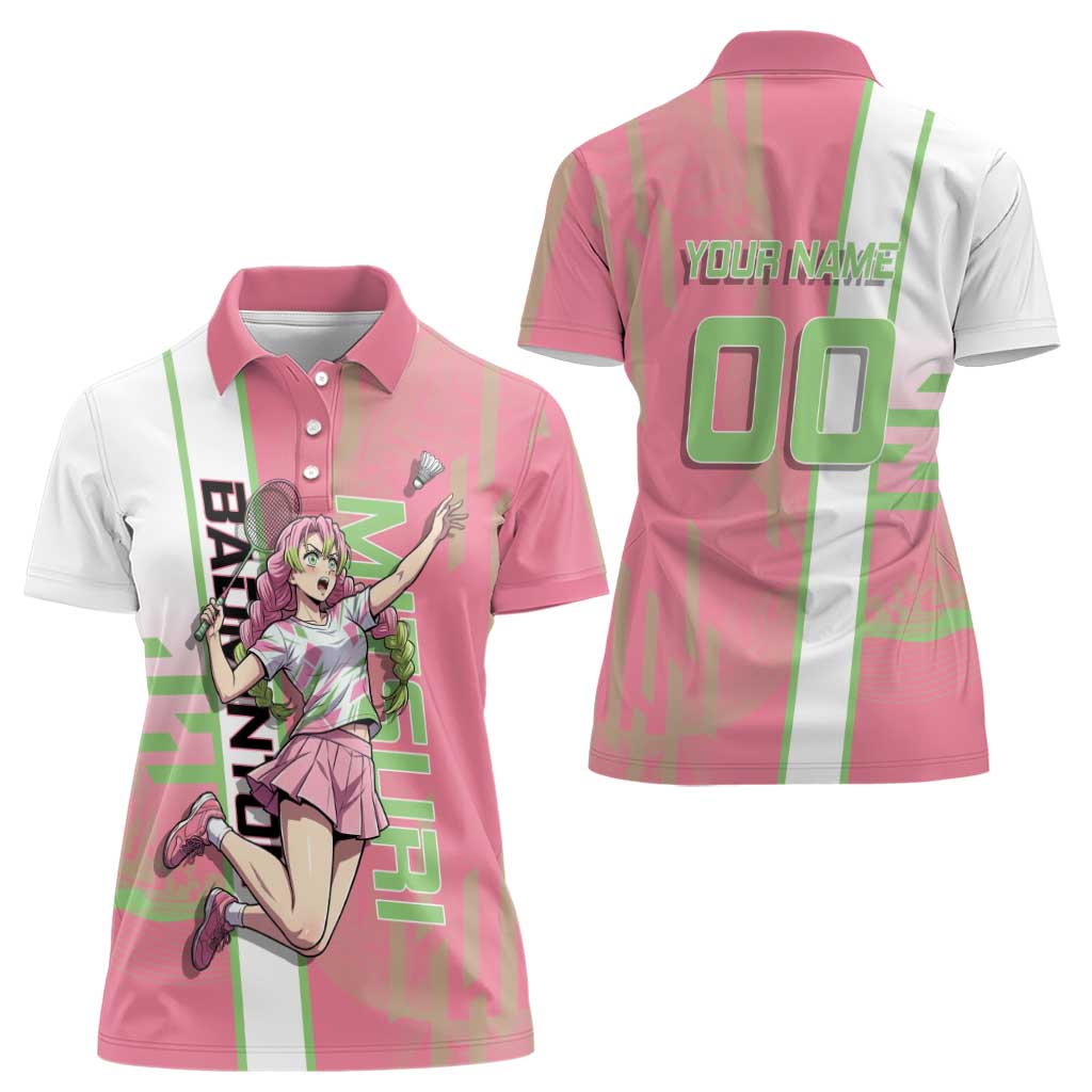 Personalized Mitsuri Kanroji Demon Slayer Badminton Women Polo Shirt with Racket Action Pose and Pink Green Graphic Design - The Mazicc