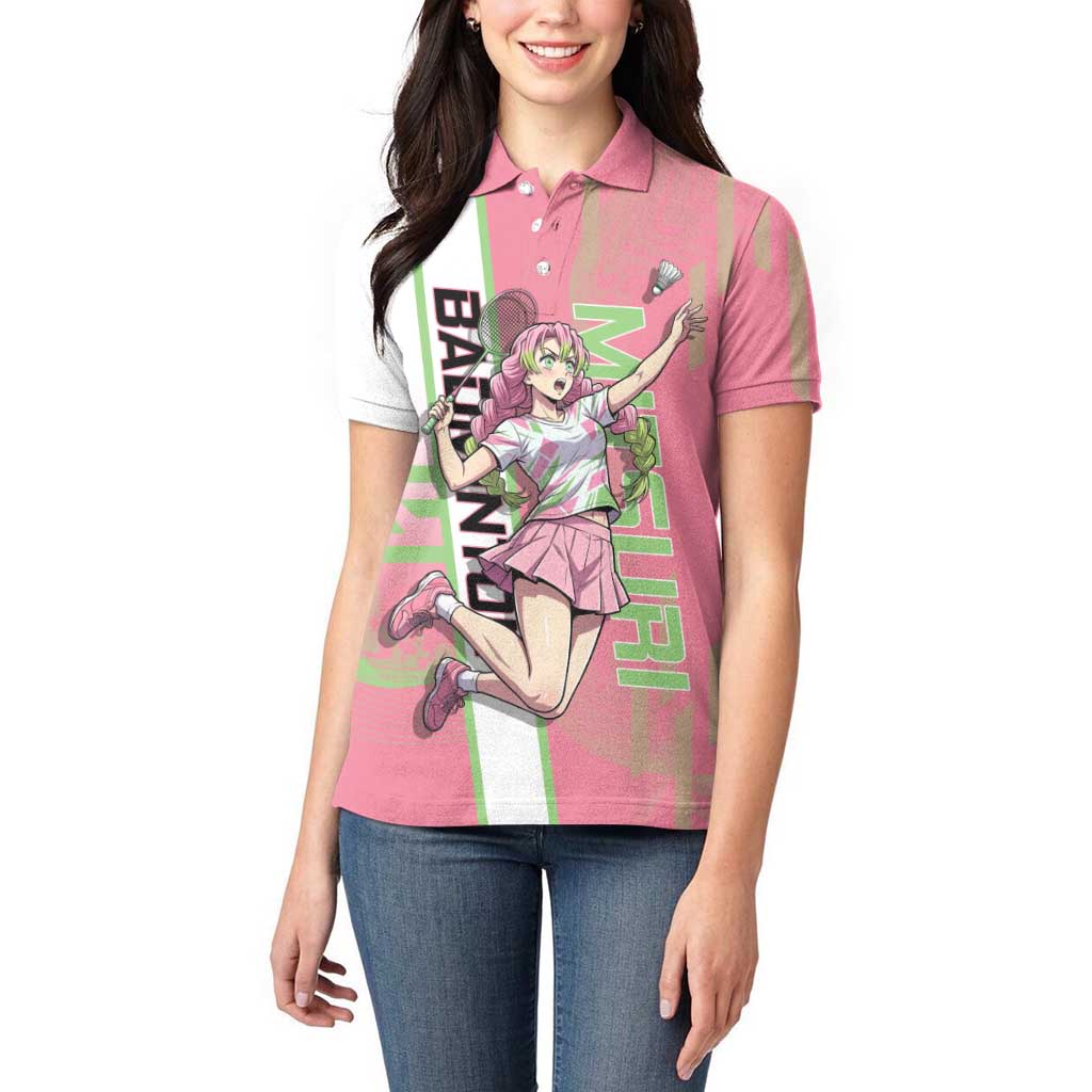 Personalized Mitsuri Kanroji Demon Slayer Badminton Women Polo Shirt with Racket Action Pose and Pink Green Graphic Design - The Mazicc