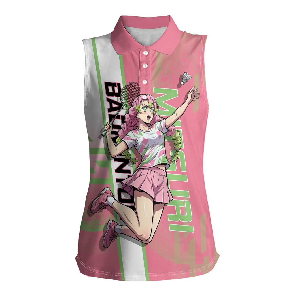 Personalized Mitsuri Kanroji Demon Slayer Badminton Women Sleeveless Polo Shirt with Racket Action Pose and Pink Green Graphic Design - The Mazicc