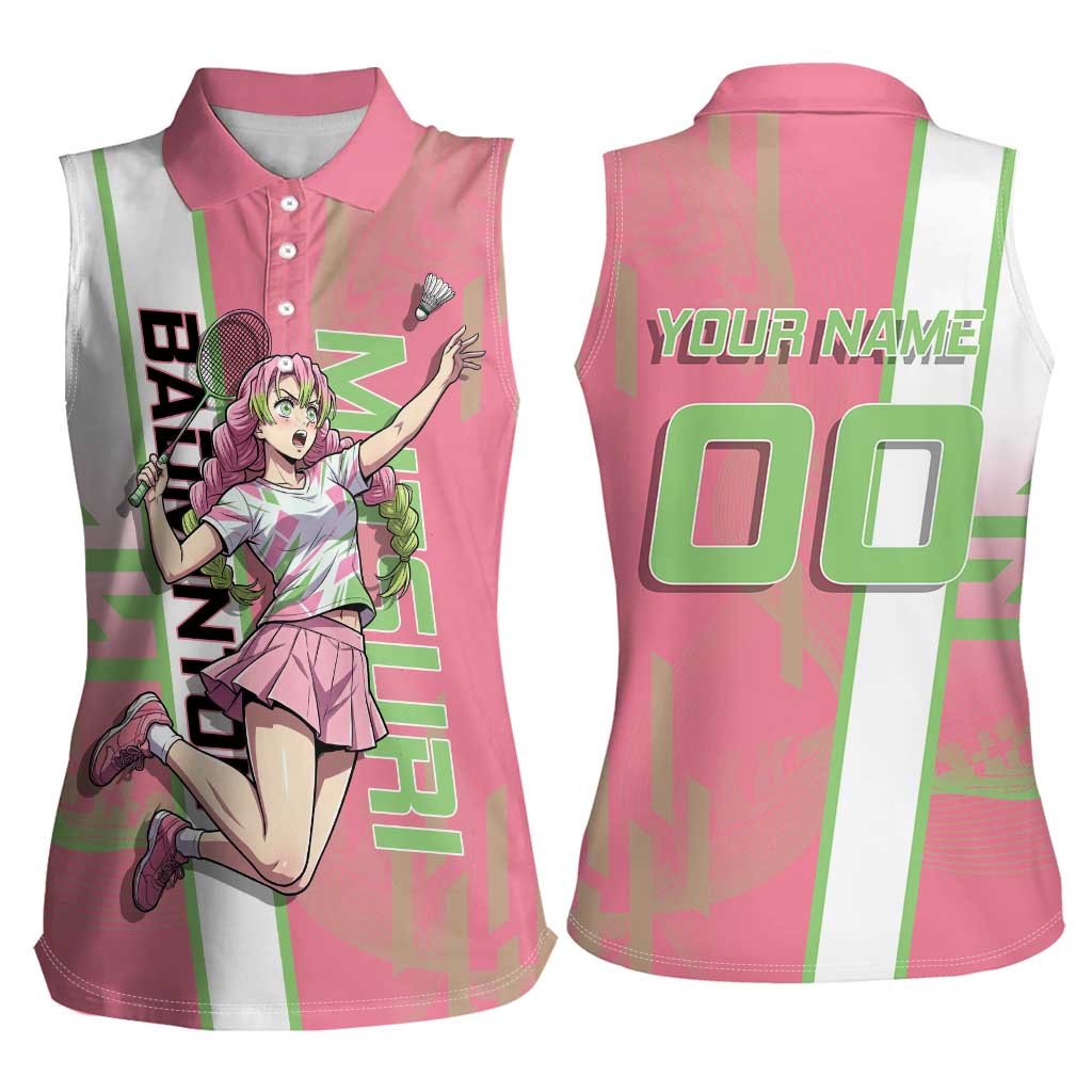 Personalized Mitsuri Kanroji Demon Slayer Badminton Women Sleeveless Polo Shirt with Racket Action Pose and Pink Green Graphic Design - The Mazicc