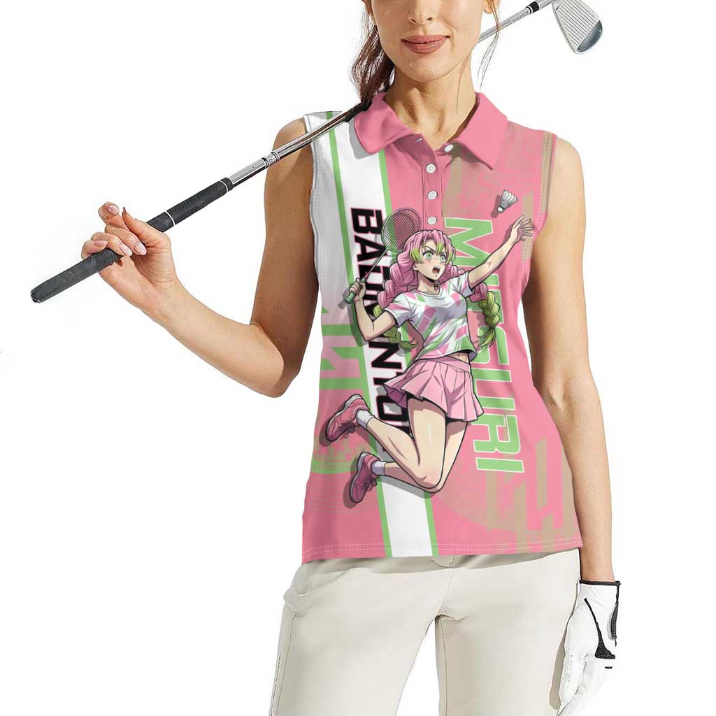 Personalized Mitsuri Kanroji Demon Slayer Badminton Women Sleeveless Polo Shirt with Racket Action Pose and Pink Green Graphic Design - The Mazicc